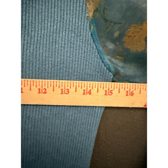 Sioni Cardigan Sweater Button Front Ribbed Sheer Floral Sleeves Blue Medium - Picture 12 of 12